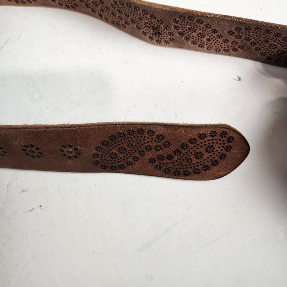Lucky Brand Sun Flower Floral Leather Belt Lazer Cut Brown Large - Picture 8 of 9